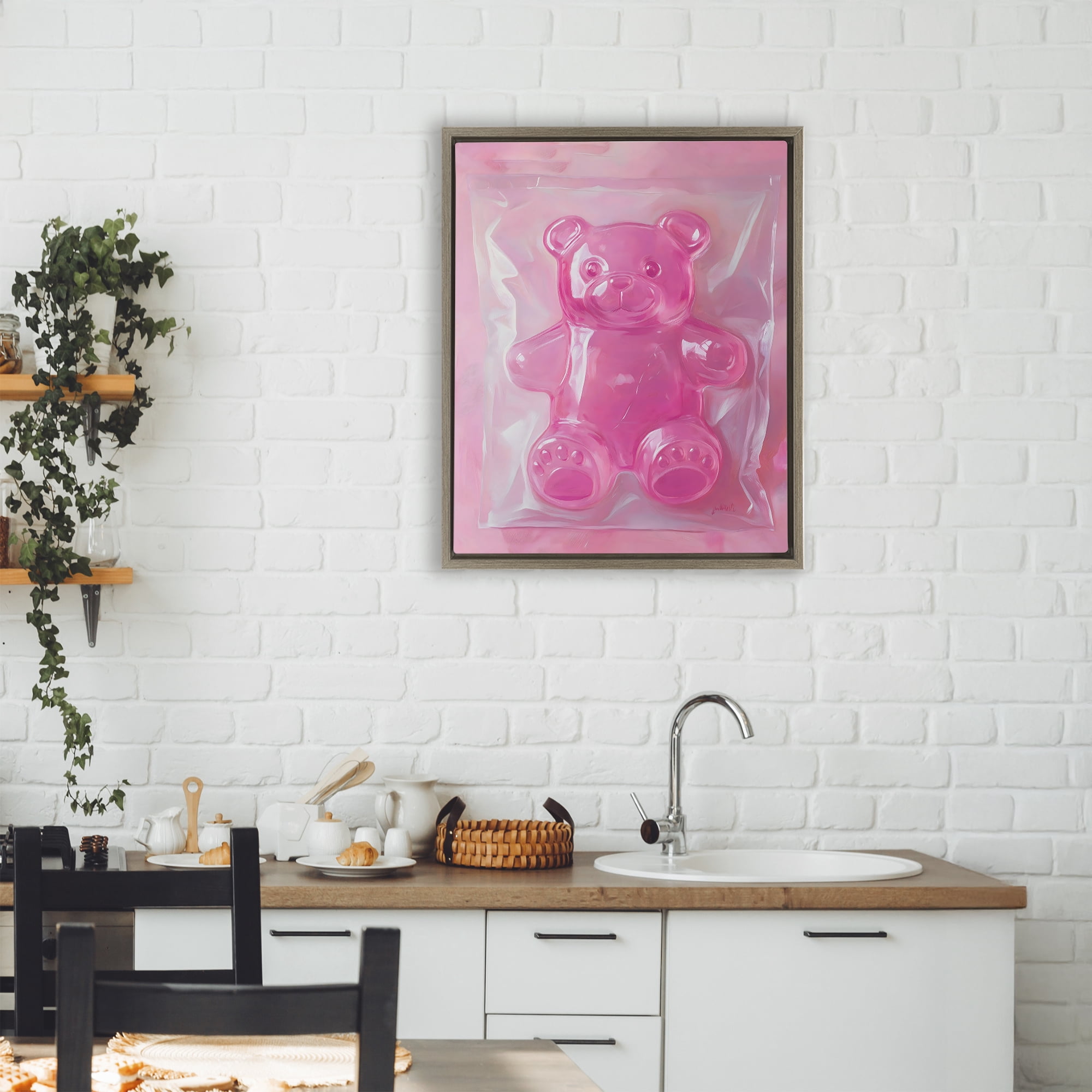 Stupell Industries Pink Gummy Candy Bear Brown Framed Floater Canvas Wall Art, design by The Prints Vibe