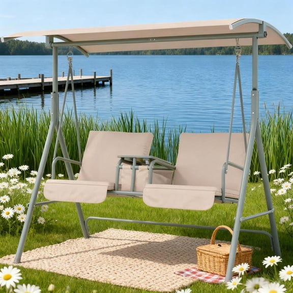 Outdoor Porch Swing, 2-Seat Patio Swing with Adjustable Canopy & Storage for Backyard | Beige | Steel, Polyester, Mesh