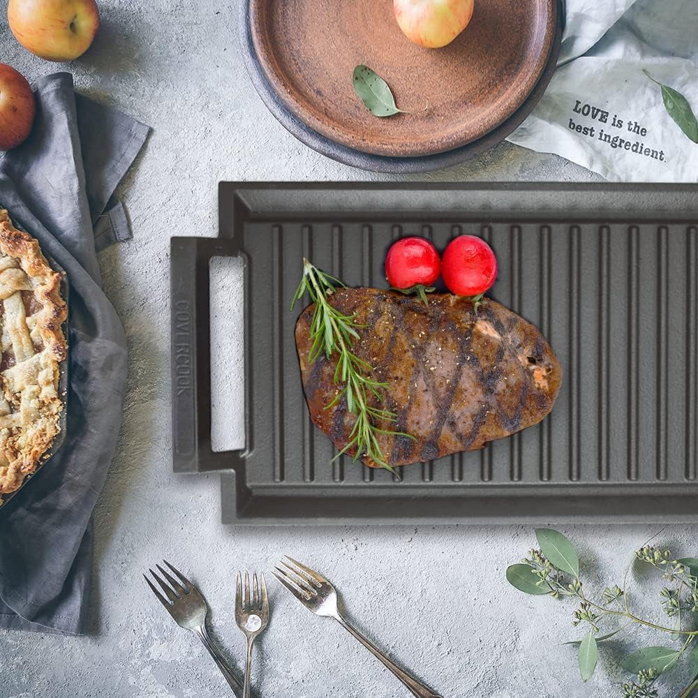 Cast Iron Griddle Pan with 2 Handles, Rectangular Grill for Induction Electric Cooktop, 16 x 9inch