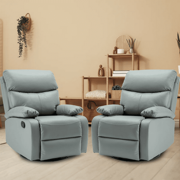 Double Pack Genuine Leather Recliners, Compact Rocking & Swivel Chairs for Nursery, Apartment, RV & Bedroom Relaxation