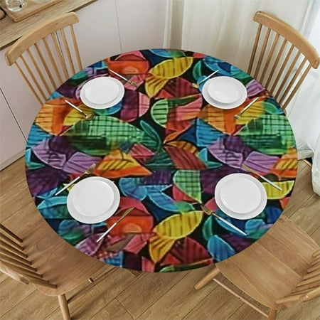 

HAOXIT Decorative Round Fitted Tablecloth Autumn Fall Print Elastic Edged Polyester Table Pad Colorful Tree Leaves Print Fabric Table Cover Fits Round Table for Kitchen Dining Party Holiday 31-35