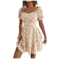 thumbnail image 4 of JAKANYQ Ladies Style Square Neck Bubble Sleeves Fragmented Flower Lace Up Waist Large Hem Casual Dress Loose Comfortable, 4 of 8