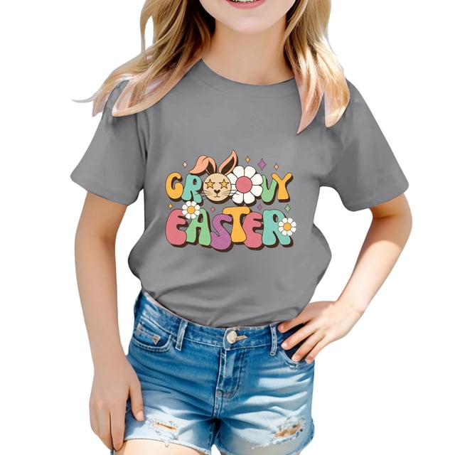 PMVFHDE Hauts Mignons pour Filles, T-shirt Graphique pour Filles, T-Shirts d'Été pour Filles, T-Shirts Originaux pour Filles, T-Shirts Graphiques Mignons de Pâques pour Enfants, Col Rond, Manches Courtes, T-shirt Décontracté d'Été Gris, 8-9 Ans
