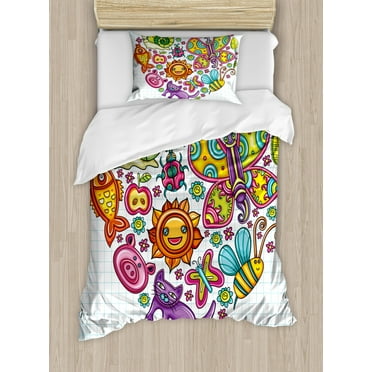 Doodle Twin Size Duvet Cover Set, Flora and Fauna Themed Heart Animals Birds and Plants Bumblebee Ladybug Leafs Cat, Decorative 2 Piece Bedding Set with 1 Pillow Sham, Multicolor, by Ambesonne