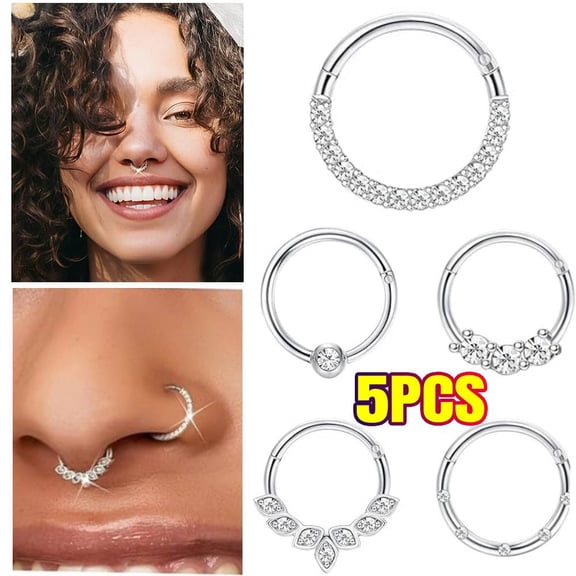 5PCS 16 G Septum Rings Surgical Steel Nose Rings Hoop for Women Opal CZ Daith Cartilage Hoop Earring Clicker Septum Jewelry Hinged Hoop Nose Ring