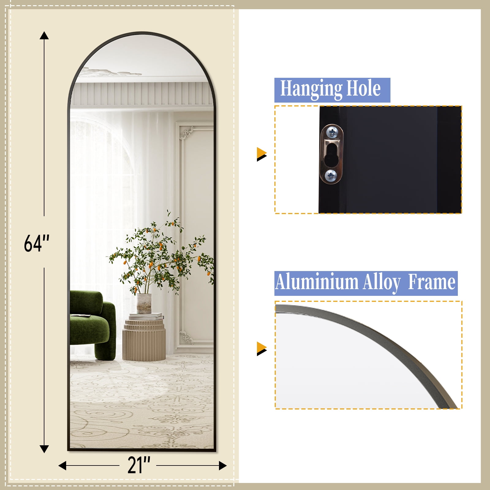 BEAUTYPEAK 64"x 21" Full Length Mirror Arched Standing Floor Mirror Full Body Mirror, Black