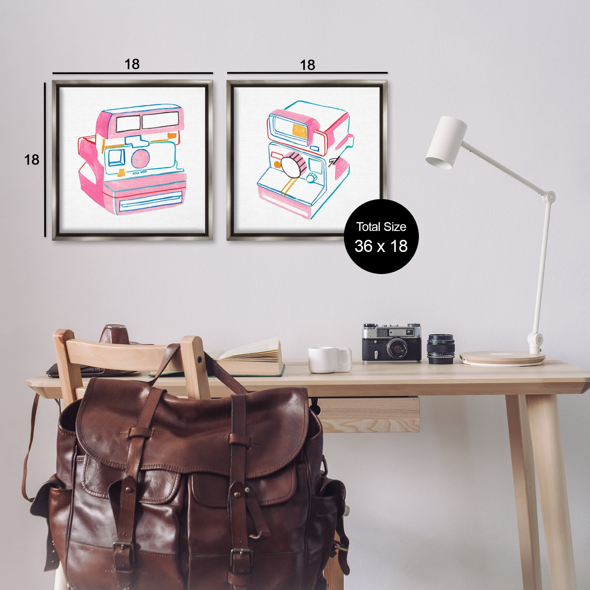 Stupell Industries Hand Drawn Vintage Camera Entertainment Painting Gray Floater Framed Canvas Art Print Wall Art, 18 x 18, Set of 2