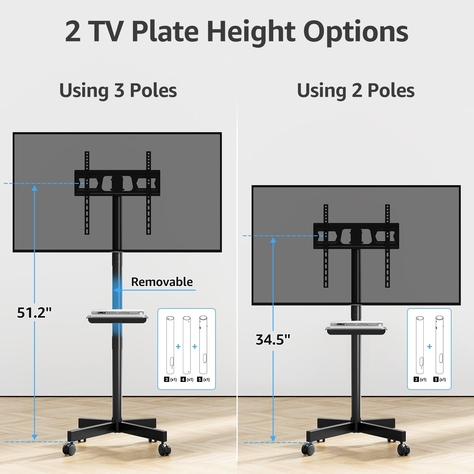 HOMOUNT Mobile TV Stand,Rolling TV Cart for 24-60" TVs, Portable TV Floor Stand with Wheels,Adjustable Shelf & Tilt,Max VESA 400x400mm,up to 77 lbs