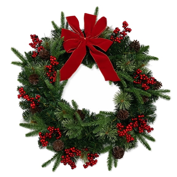 24 Inch Christmas Wreath with Red Berries, Pine Cones and Velvet Bow, Artificial Holiday Wreath for Front Door Mantel Window