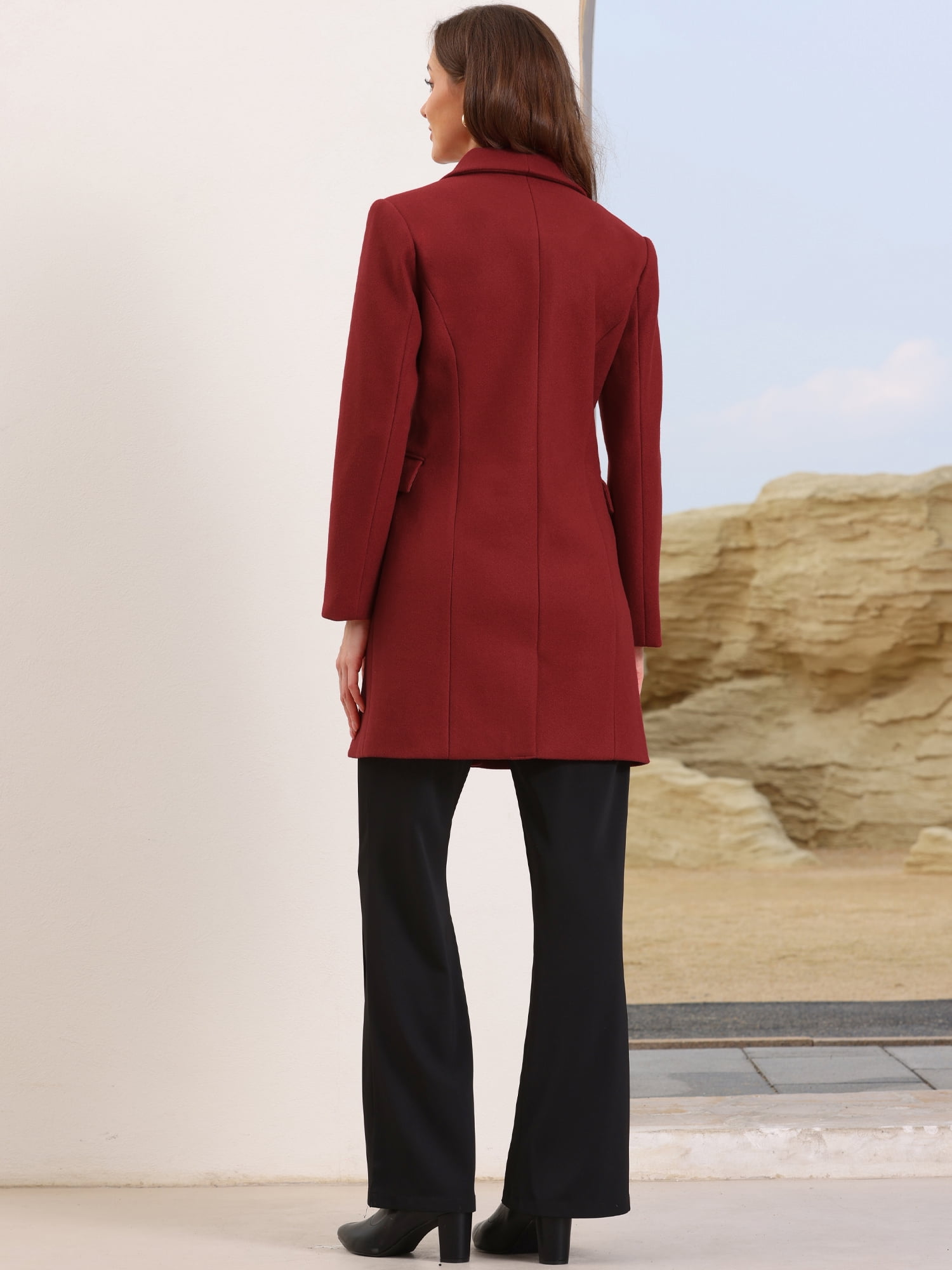 DARING DIVA Women's Double Breasted Shawl Collar Long Coat With Pockets XS Burgundy