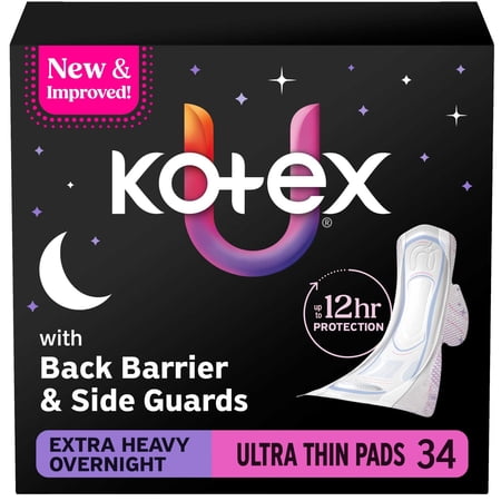kotex ultra thin overnight pads with wings, extra heavy absorbency, 34 count