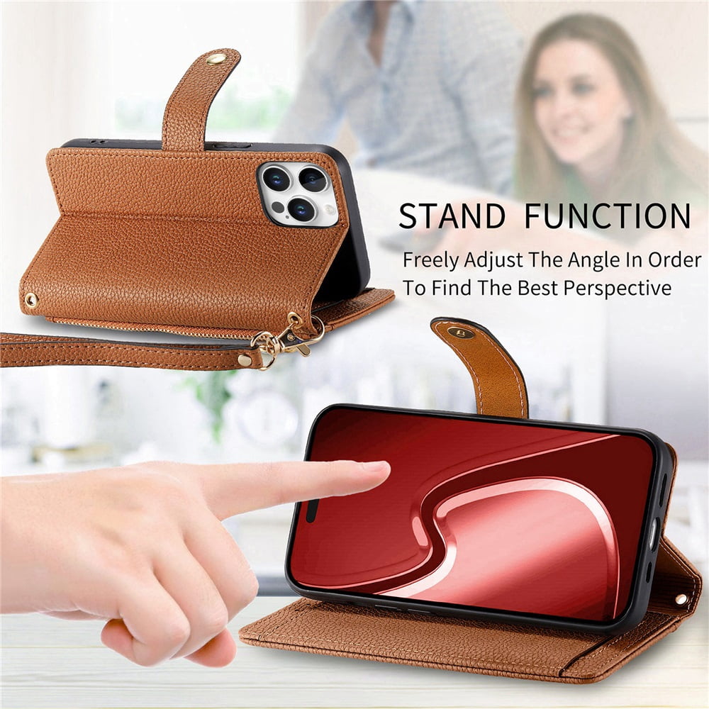 For iPhone 16 Pro Leather Phone Case Wallet Zipper Pocket Pouch Folio Flip Cover Kickstand, Multi Anti-theft Card Holder Cash Slot, Double Magnetic Buckle, Wrist Lanyard,Brown,For iPhone 16 Pro