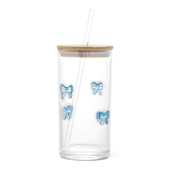 Thyme & Table 17 fl oz Blue Bow Charm Sipper with Glass Straw and Wood Lid