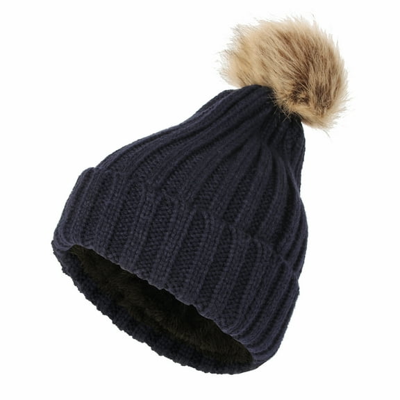 WITHMOONS Fleece Ribbed Knit Pom Beanie Winter Hat Slouchy Cap CZP0011 (Navy)