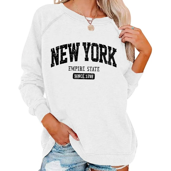 Women's New York Letter Print Sweatshirt Crewneck Long Sleeve Casual Loose Fit Pullover Shirt