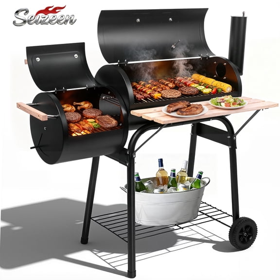 Seizeen Charcoal Grill with Thermometer & Large Cooking Space, Smoker Grill, BBQ Grills for Camping & Picnic, Iron, black