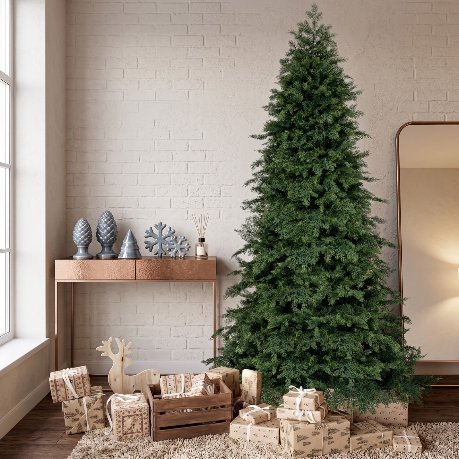 RUIE 7.5 ft Artificial Christmas Tree, Green Hinged Holiday Xmas Tree with 1019 Lush Branch Tips, Foldable Metal Base, 3-Section Unlit Spruce Pine Tree for Home, Green