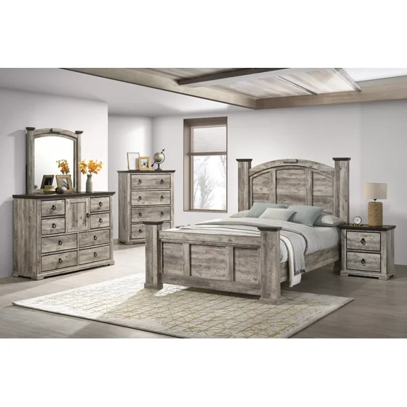 Rustic Gray Poster King Size 6pc Bed Set Storage Wooden Master Bedroom Furniture