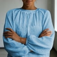 thumbnail image 5 of Staron Women's Casual Short Sleeve Pullover Top Round Neck Wrinkled Solid Color Shirt Loose Comfy Tunic Blouse with Pockets, Light Blue L, 5 of 7
