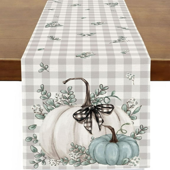 Fall Pumpkins Eucalyptus Leaves Table Runner Buffalo Plaid Autumn Thanksgiving Kitchen Dinning Table Decoration for Farmhouse Rustic Holiday Home Party Indoor Outdoor 13x72 Inch
