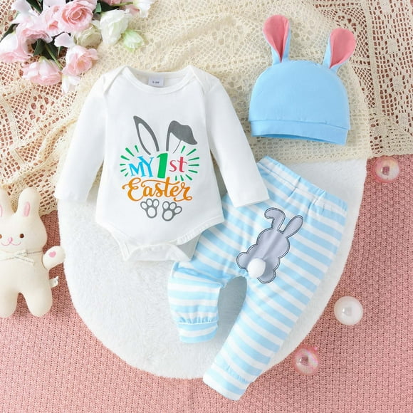 Hfolob Toddler Girl Clothes 2Pcs Infant Boys Long Sleeve Easter Romper Bodysuit Floral Prints Pants Headbands Summer Clothing Sets 6-9 Months