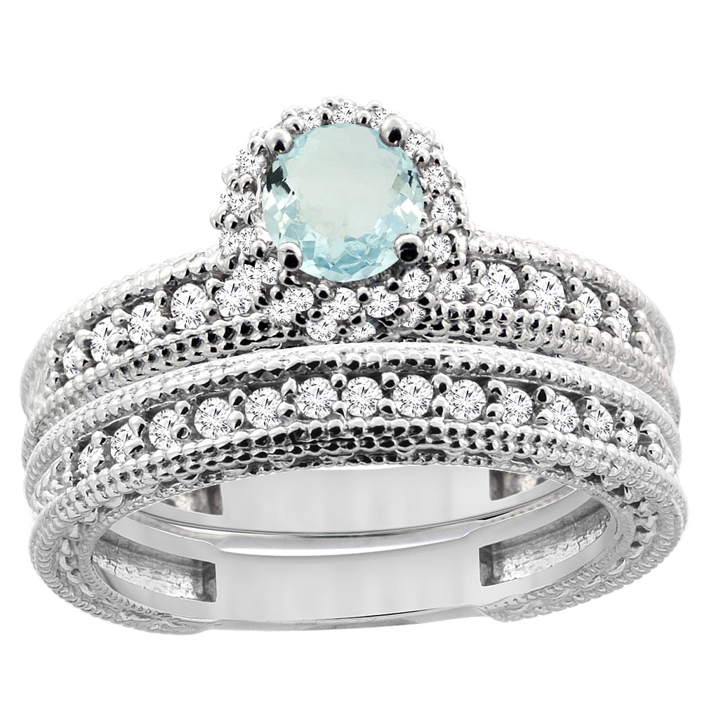 14K White Gold Diamond Natural Aquamarine Round 4mm Engagement Ring 2-piece Set, size 6 by Gabriella Gold
