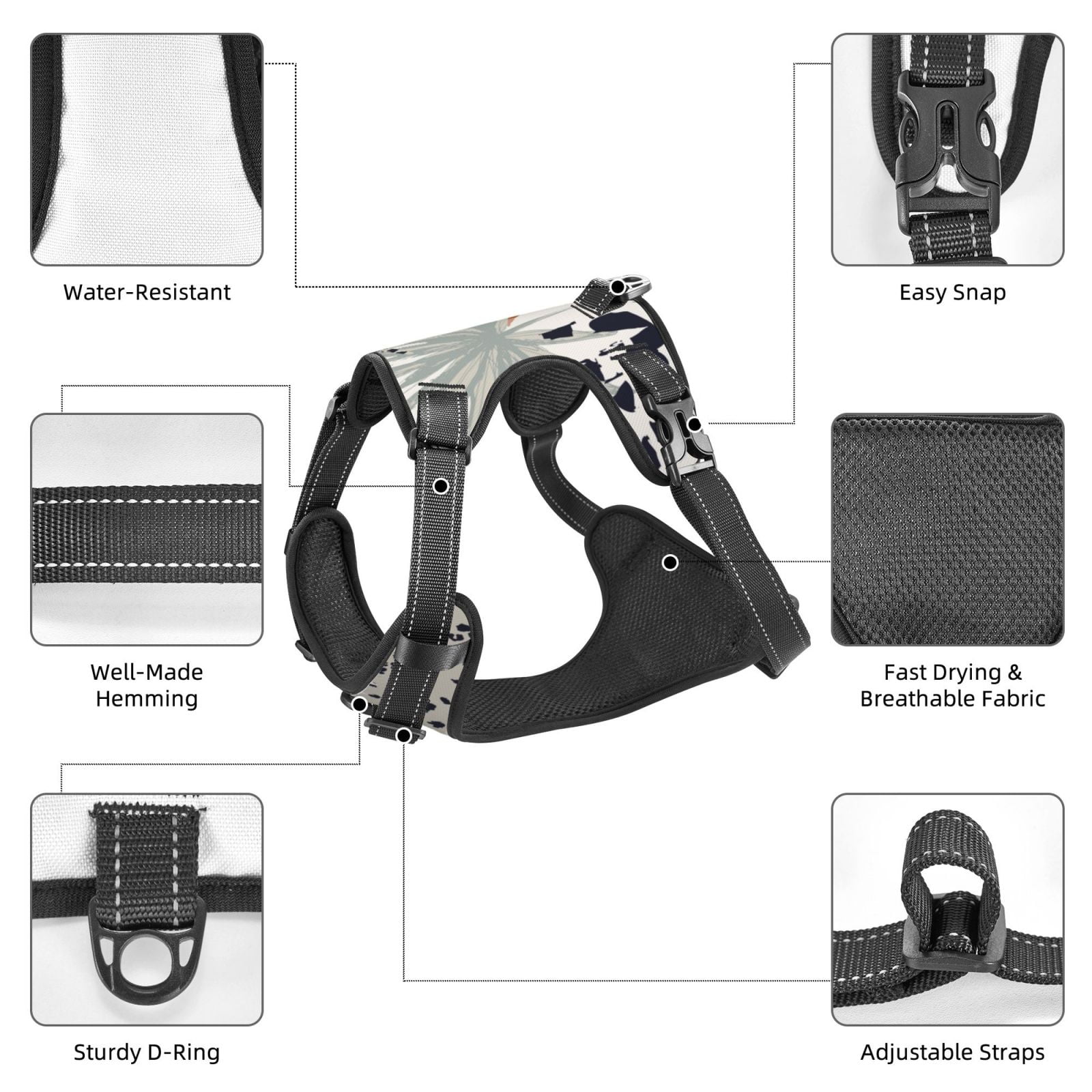 Vsdgher Tropical Leaves Pattern Dog Harness,No Pull Pet Harness with Soft Padded Handle,Adjustable Reflective Vest with 2 Buckles,4 Slide Buckles,S-XL Medium