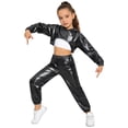 thumbnail image 2 of Hansber Kids Girls Modern Street Hip Hop Jazz Dance Outfits Long Sleeve Metallic Hoodie Crop Top and Pants Set Black White 10, 2 of 7