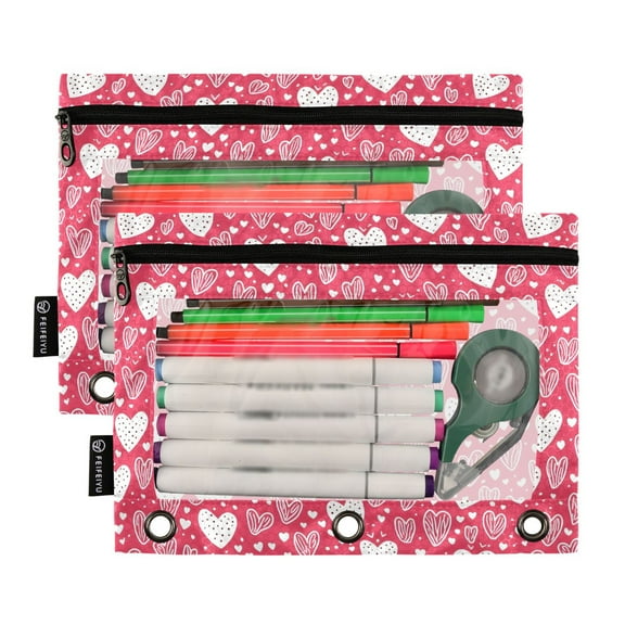 2 Pack Pencil Pouch for 3 Ring Binder Smooth Zipper Folders with Pockets Clear Window Pencil Case Red Doodled Hearts