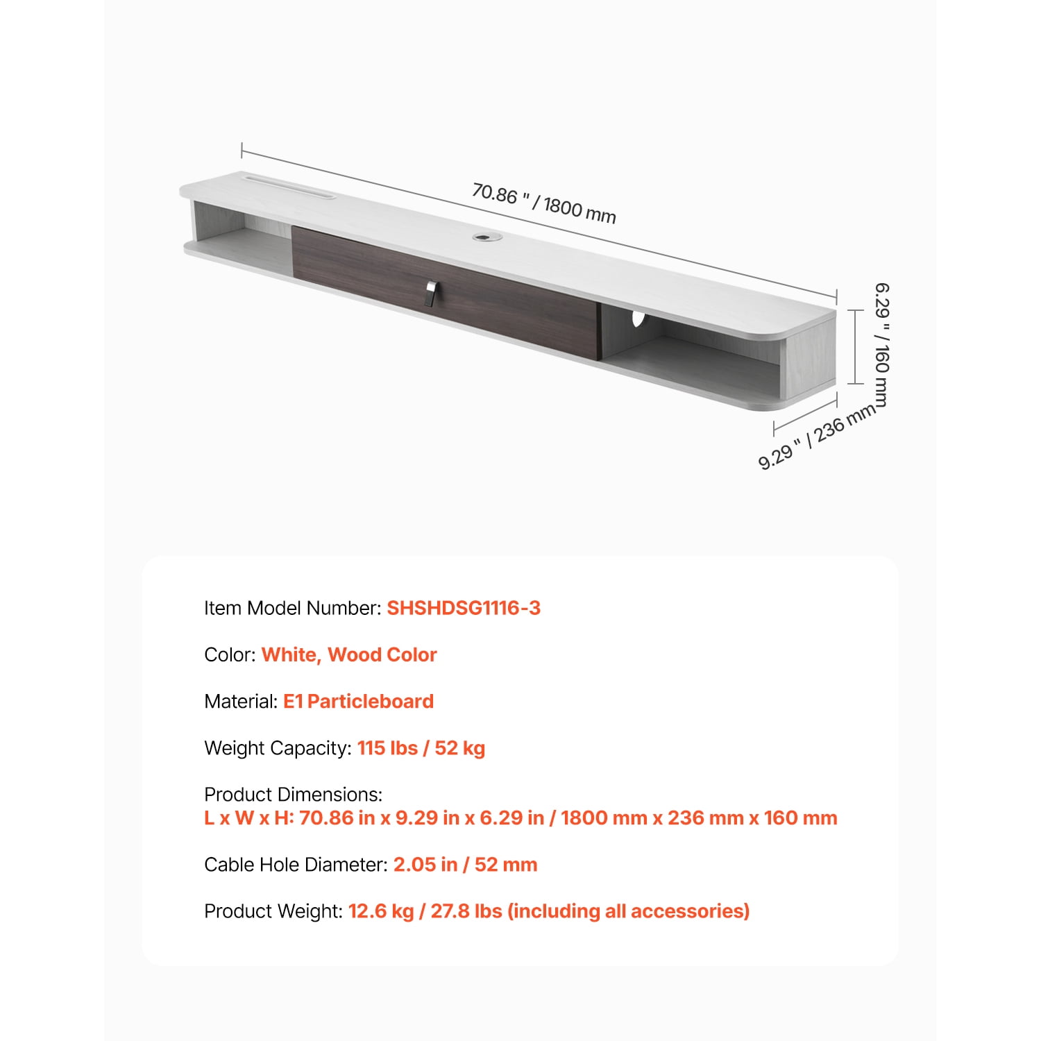 KFFKFF Wall-Mounted TV Stand, 70-inch Entertainment Hub with Wire Management, Contemporary Floating TV Ledge with Storage Unit, Particle Board Media Center for DVD Equipment, Cable Box