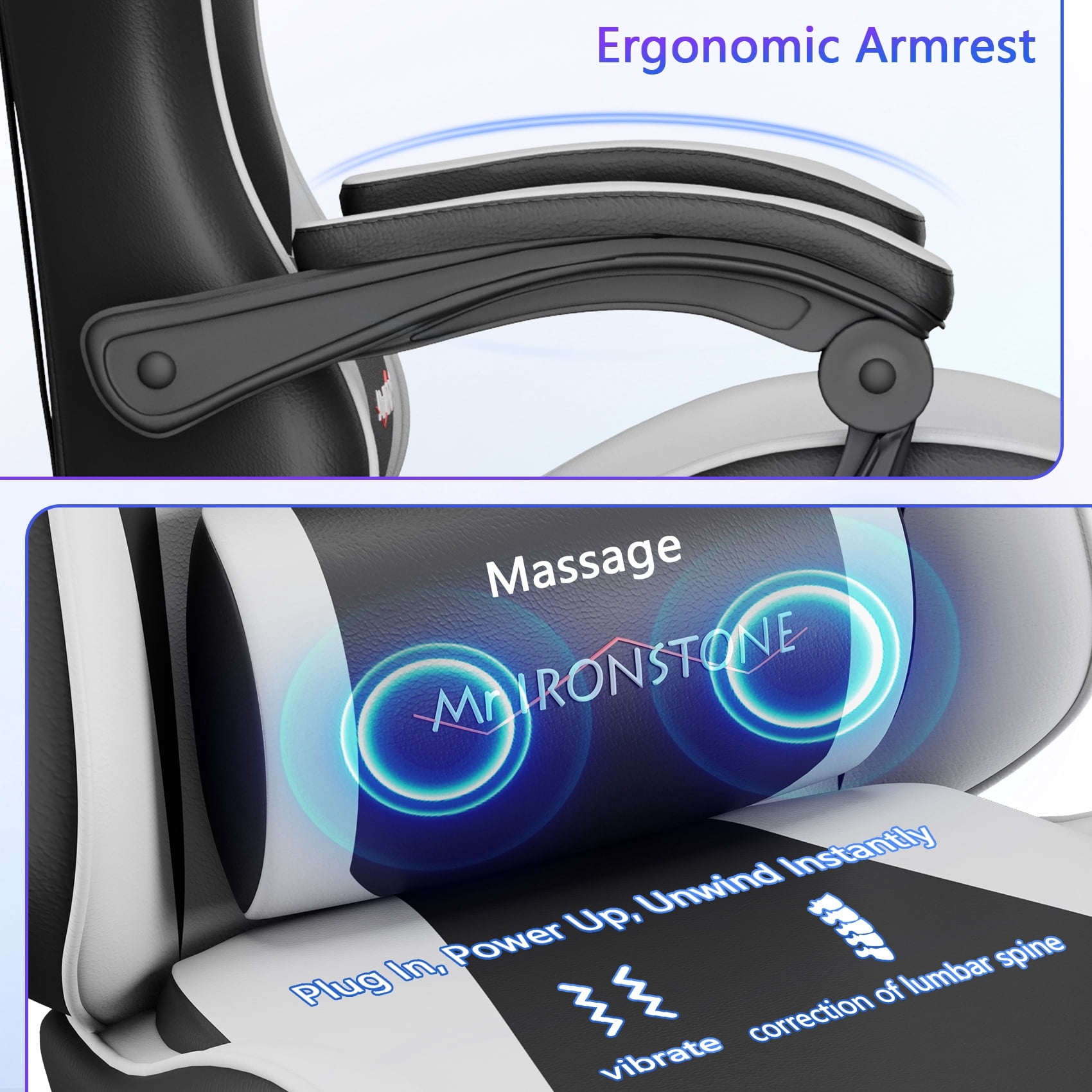 Mr IRONSTONE Ergonomic Gaming Chair with Massage Lumbar Support and Footrest, Heavy Duty 400lbs Computer Chair for Adults, Black/White