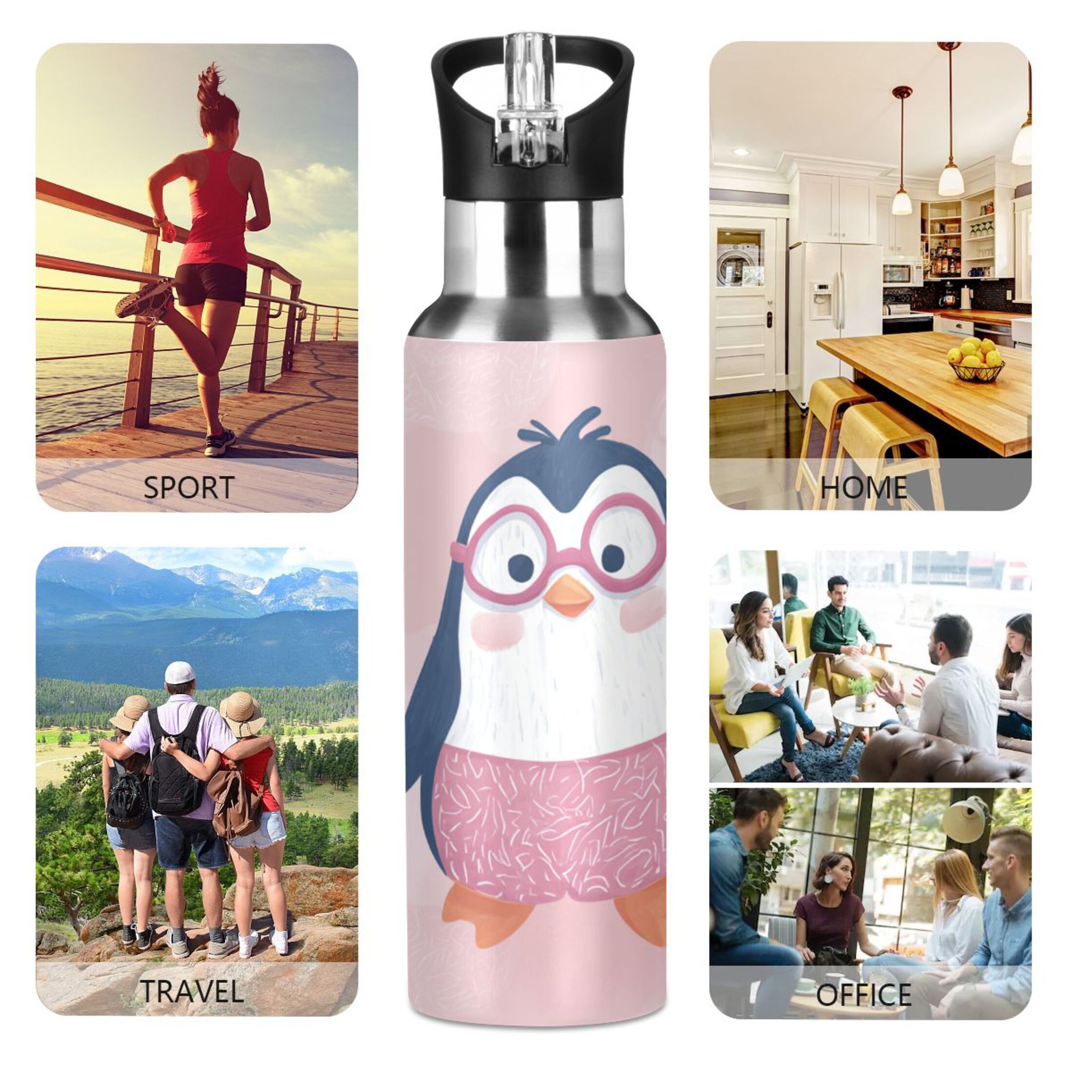 Cute Penguins in Pink Glasses Sports Bottle with Straw Stainless Steel Water Jug Portable Thermal Cup Leak-proof 1000ML