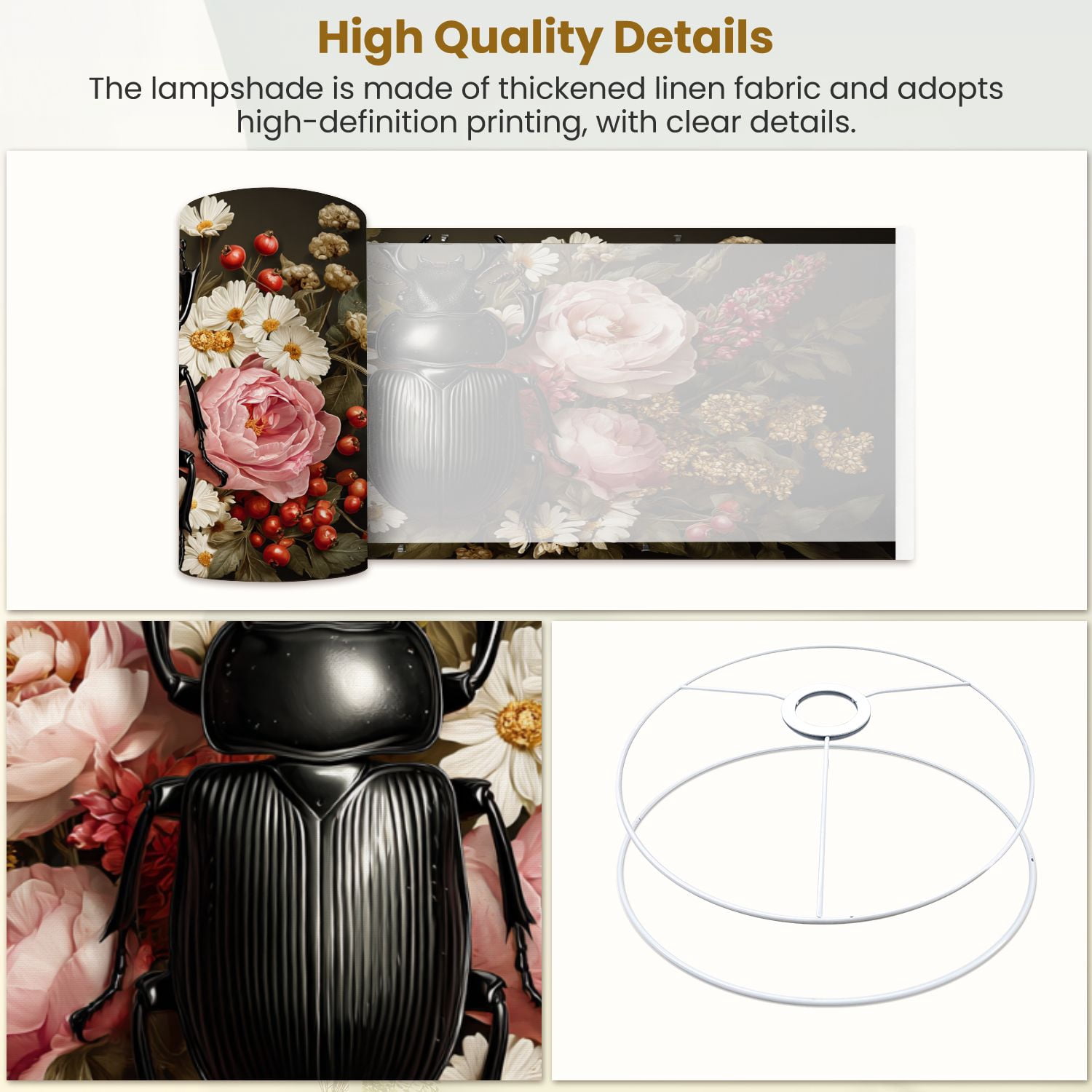 Gothic Linen Drum Lampshades Black Beetle Colorful Floral Bouquet Roses Daisies 13"x13"x10" Light Shade for Table Lamps Floor Lamp Shades Lampshade Replacement Assembly Required