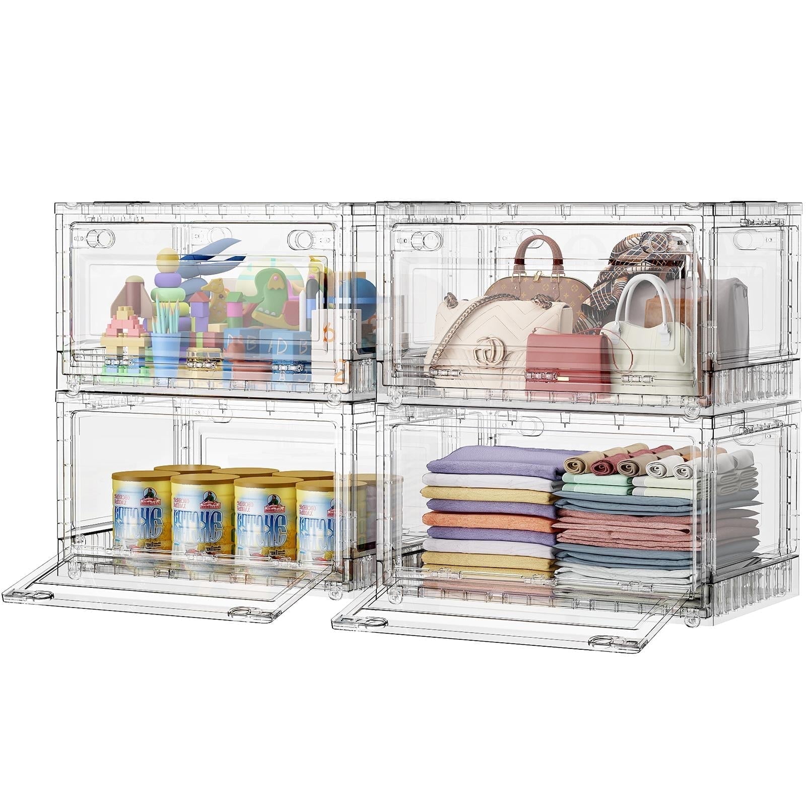 BROVIEW Full Clear Storage Bins Large 320Qt, Shiny Plastic Display Box, for Home Crafts Makeup, Stackable & Foldable, Individual Lids & Wheels, 4Pack