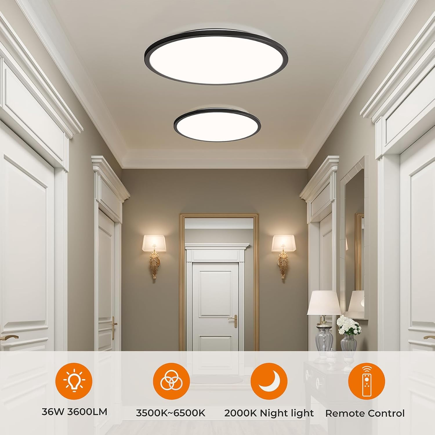 Matane 15.4'' LED Flush Mount Ceiling Light Fixture with Remote Control, Nightlight 2000K Warm,36W 3600LM 3000K-6500K Dimmable Surface Mount Lighting Fixture for Bedroom, Dining Room, Kitchen,Black