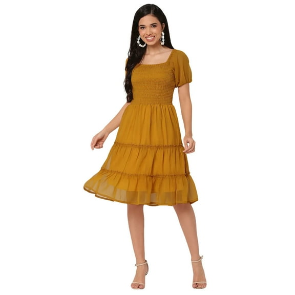 Moomaya Square Neck Tiered Dress, Knee Length Flared Smocked Summer Dress