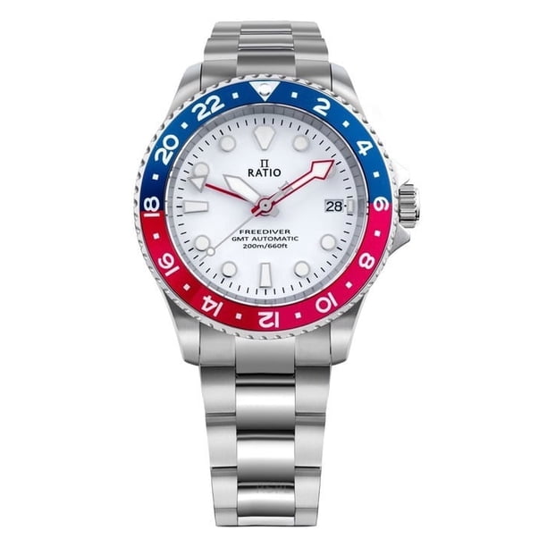 Ratio Reloj Automático FreeDiver Serie GMT para Hombre, Acero Inoxidable, Zafiro, Esfera Blanca, Bisel Pepsi Azul y Rojo, RTF061, 200 M