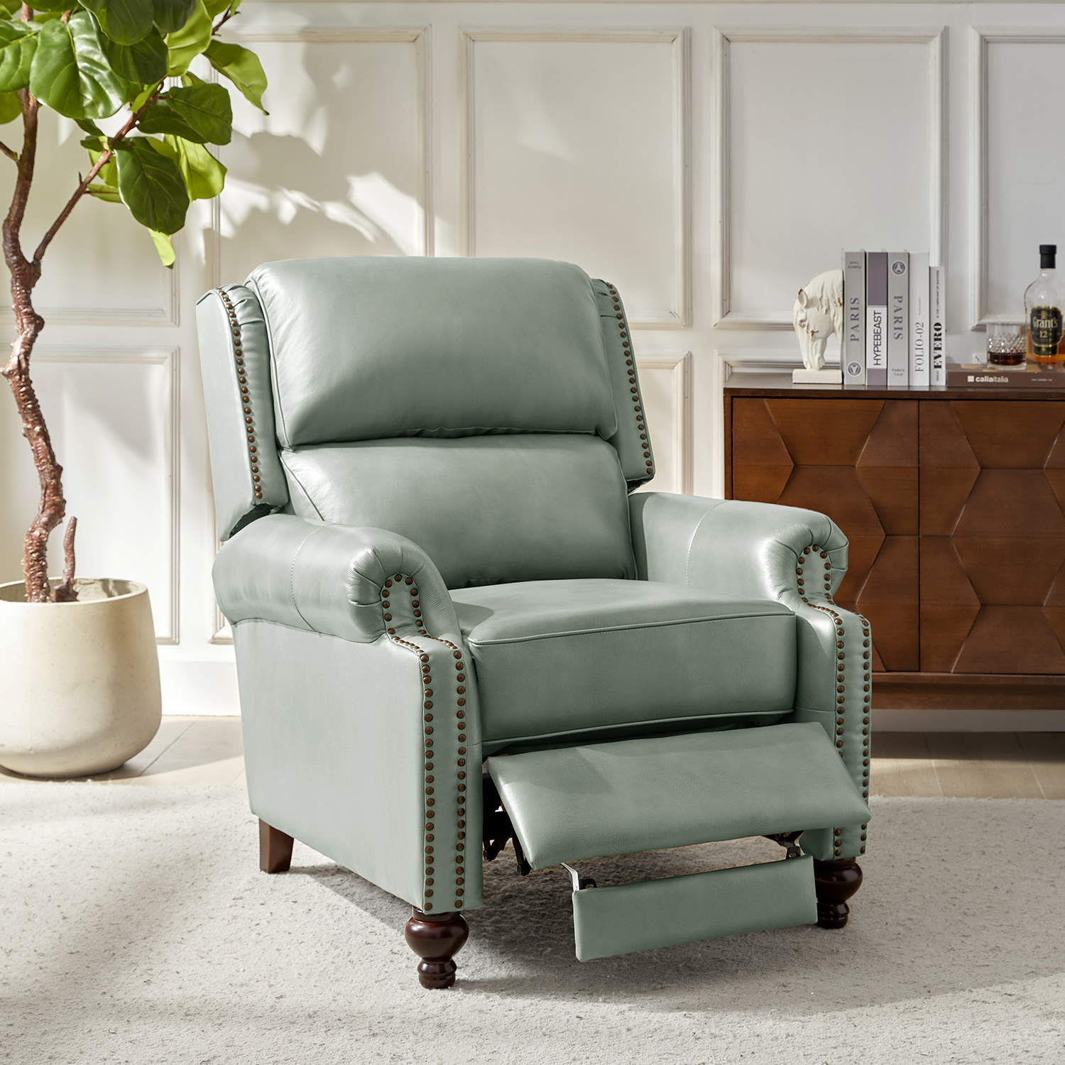 Mid Century Genuine Leather Pushback Recliner Chair with Nailhead Trim Sage