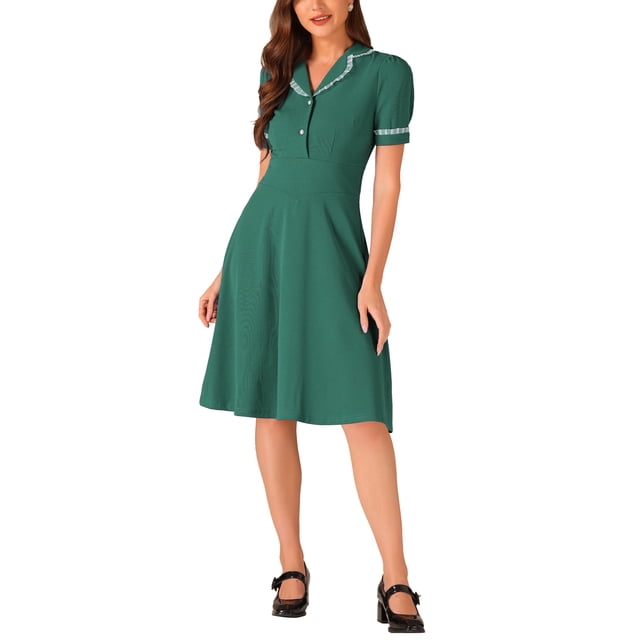 INSPIRE CHIC Vestido Midi Vintage para Mujeres 2024 Vestidos de Trabajo con Cuello Peter Pan XL Verde Oscuro