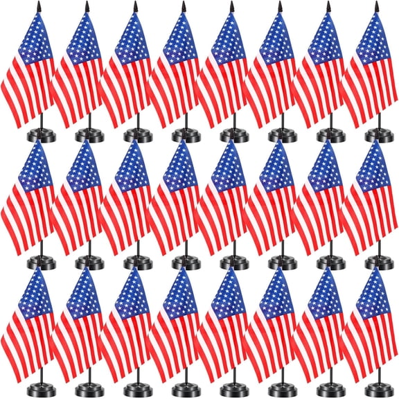 24 Pcs American Desk Flag Set Small USA Flags for Table with 13" Black Pole, Black Base and Spear Top, American Flag for Home Office Party Festival Celebrations Decor Black