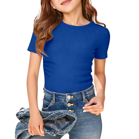 Girls Ribbed Crew Neck Short Sleeve T-Shirt, Fitted Solid Color Basic Tee Casual Slim Top for Everyday School & Play Blue Size 8-9 Years
