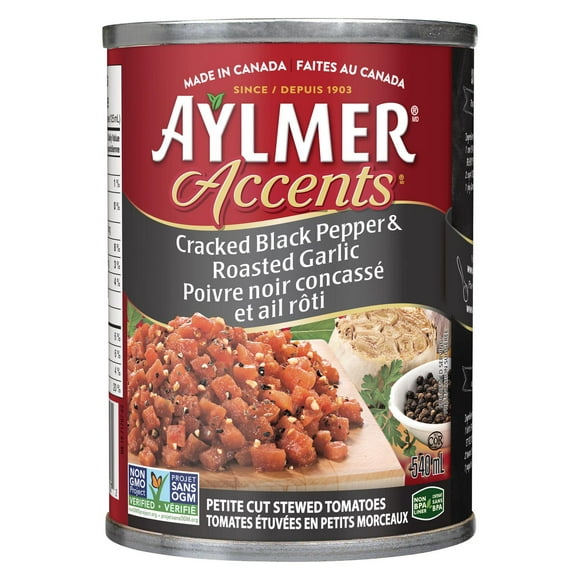 Aylmer Accents Cracked Black Pepper and Roasted Garlic Stewed Tomatoes, 540 ml