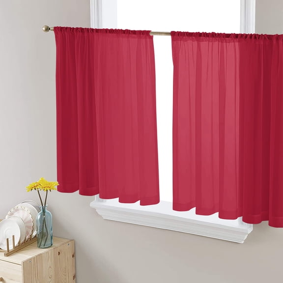 Red Solid, Semi Sheer Curtains 45 Inch Length 2 Panels Set, Pure Color Sheer Kitchen Curtain Privacy Voile Window Curtain for Living Room Bedroom Rod Pocket Drapes
