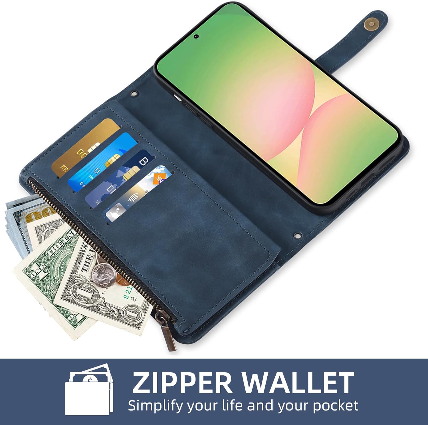Asuwish Phone Case for Samsung Galaxy A56 5G Wallet Cover With Tempered Glass Screen Protector Crossbody Wrist Strap Flip Pattern Zipper Credit Card Holder Stand Slot Cell A 56 56A LTE Women Men Blue
