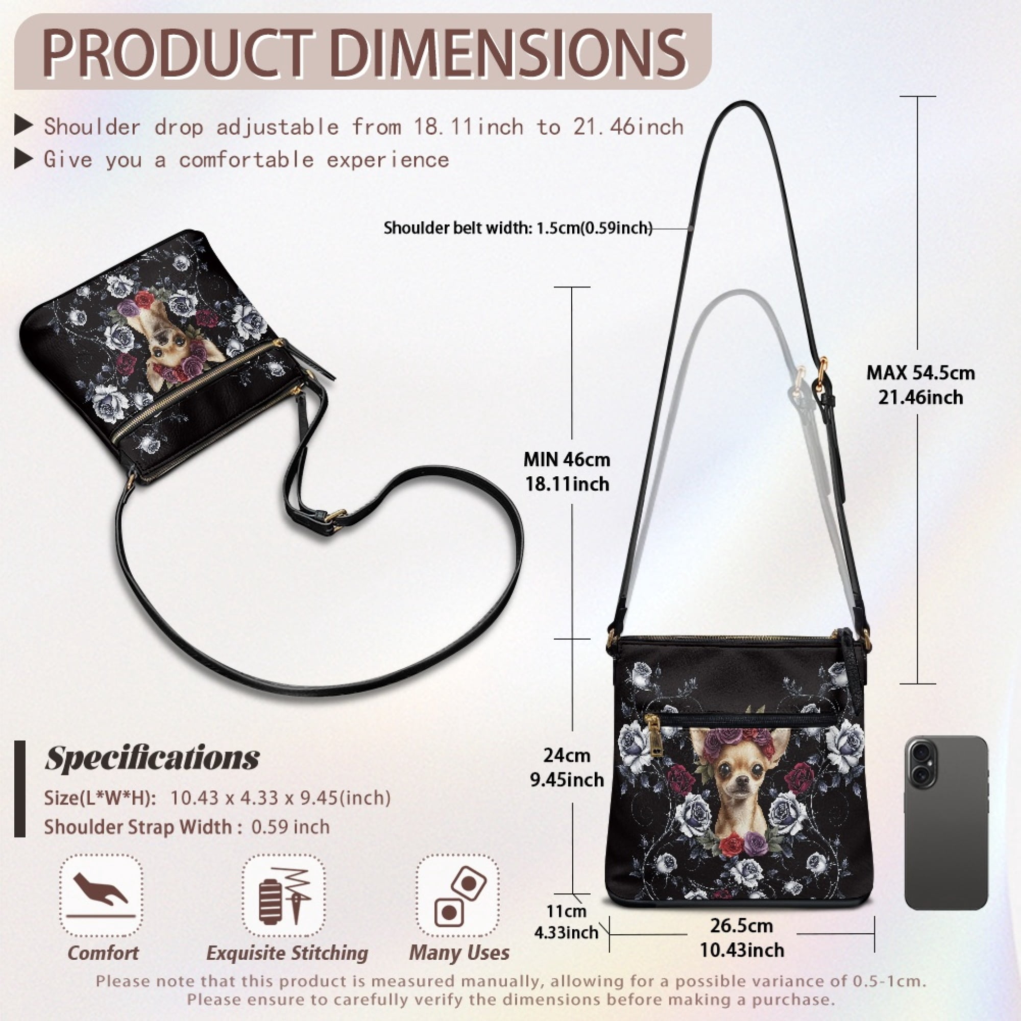Kuiaobaty Chihuahua Rose Print Crossbody Bag for Women, Roomy Casual Leather Shoulder Handbag with Adjustable Strap, Zipper Pockets Sling Bag Crossbody for Travel, Black