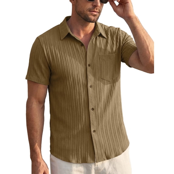 Men's Short Sleeve Button Down Shirt, Vertical Textured Stripe Casual Summer Beach Shirt, Lightweight Breathable Fashion Top with Front Pocket Khaki L