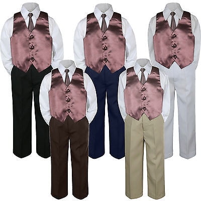 

4pc Boy Suit Set Brown Chocolate Necktie Vest Baby Toddler Kid Formal Pants S-7