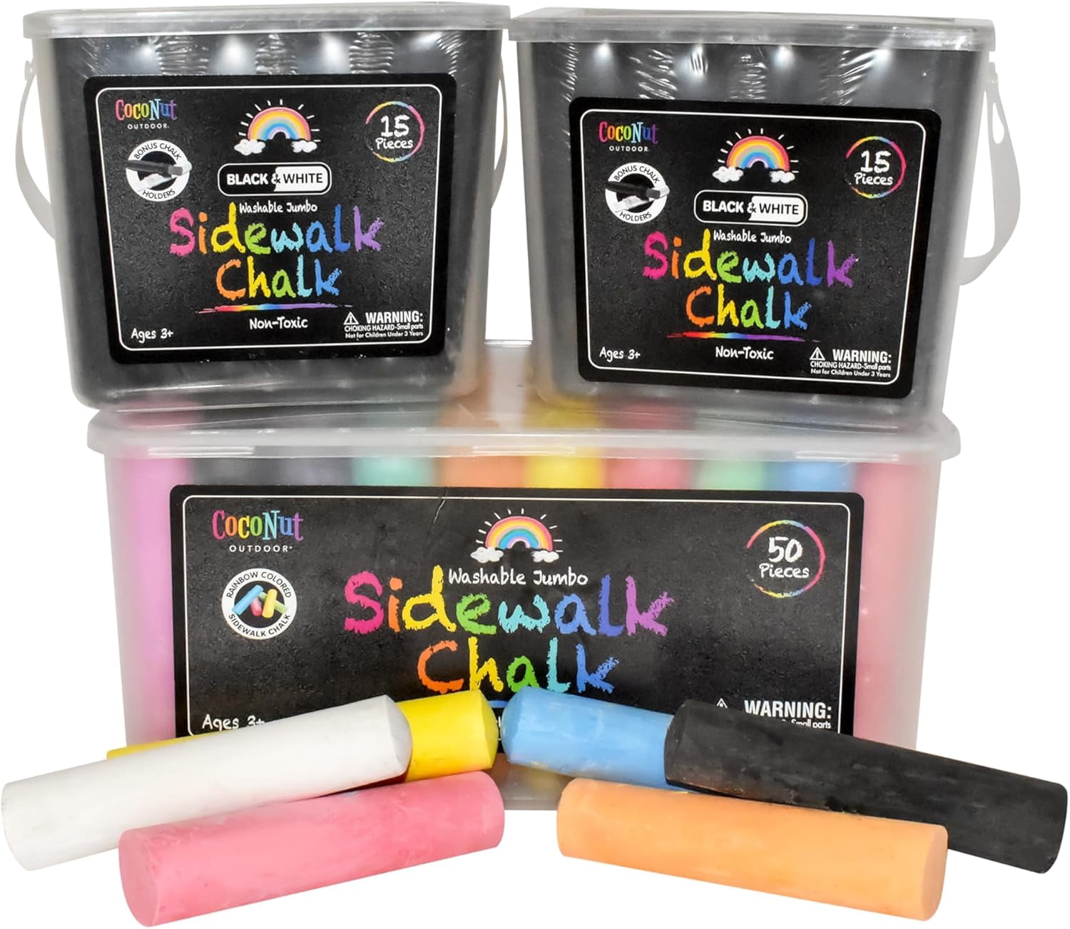 Jumbo Outdoor Sidewalk Chalk | 80 Pieces Mega Bucket Set with 50 Color, 20 Black & 10 White Chalks + 4 Holders | Washable Non-Toxic Chalk for Driveways, Playgrounds & Outdoor Fun | Kids Ages 3+