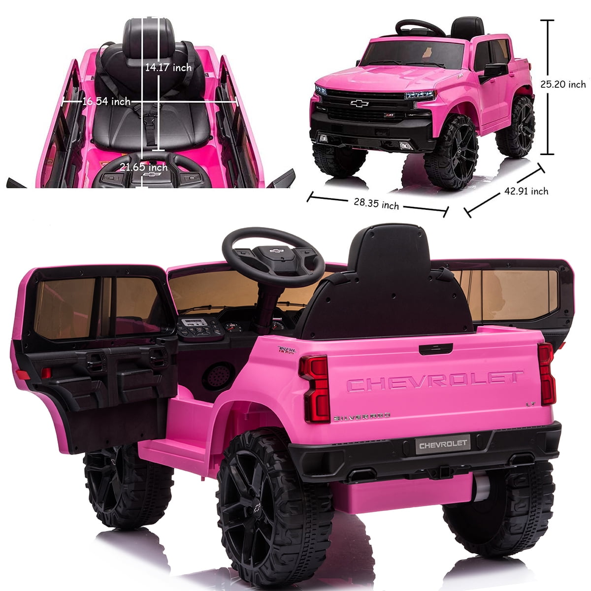 FUNTOK Licensed Chevrolet Silverado Kids Electric Ride on Toys,Battery Powered 12V Child Ride on Truck Car w/ Parent Remote Control and Storage Trunk, Pink