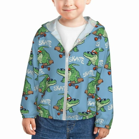 

Qekee Crocodile Riding Skateboard Print UPF 50+ Kids Sun-Protective Hooded Long Sleeve Rash Guard for Fishing Water Beach Sports -3 Years